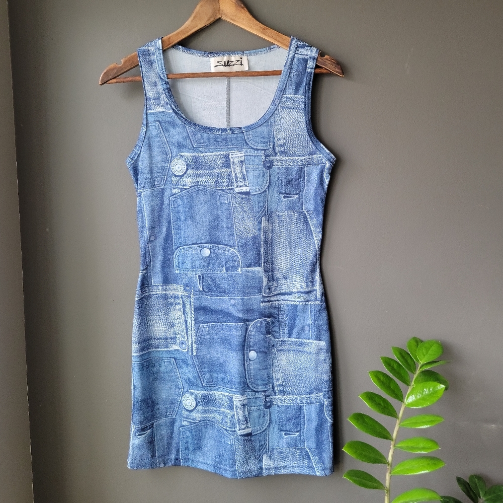 vintage mini dress jean denim patchwork print 80s 90s party bodycon club stretch